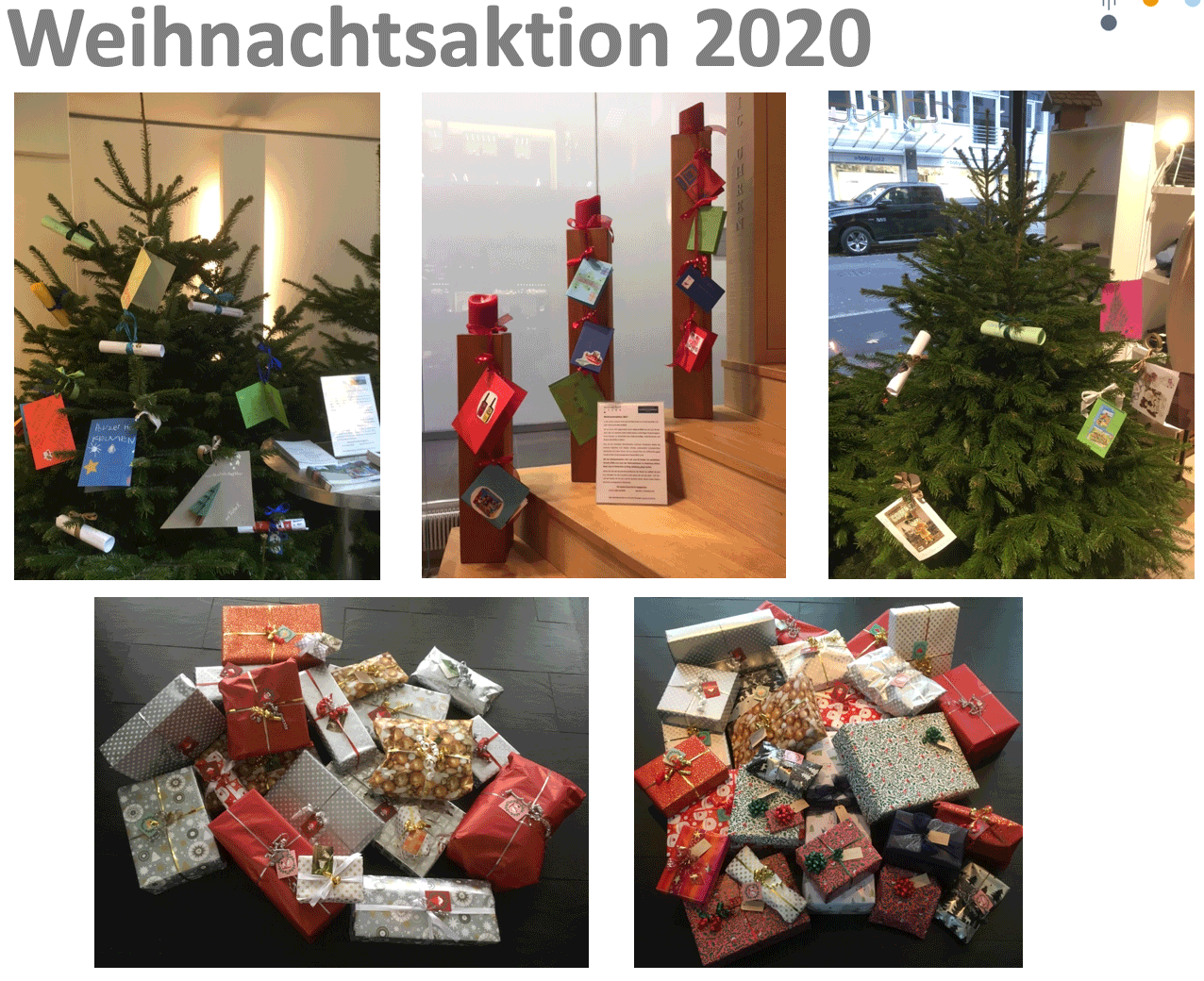 Geschmückter Weihnachtsbaum mit hingelegten und aufgehängten Päckchen.